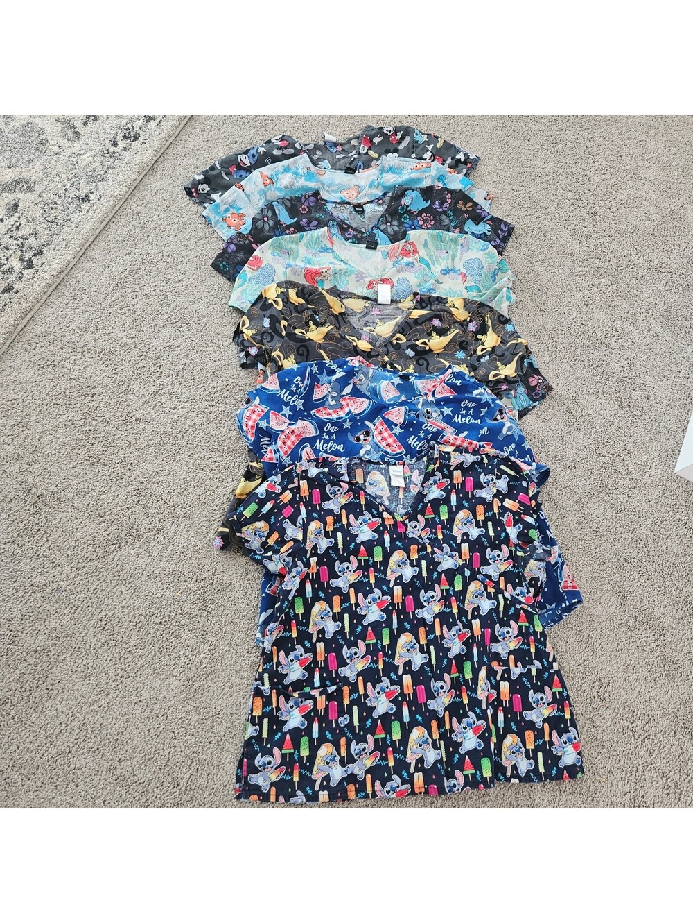 7-Piece Disney Scrub Top Bundle Women’s 3XL Mickey Stitch Ariel Aladdin Eeyore